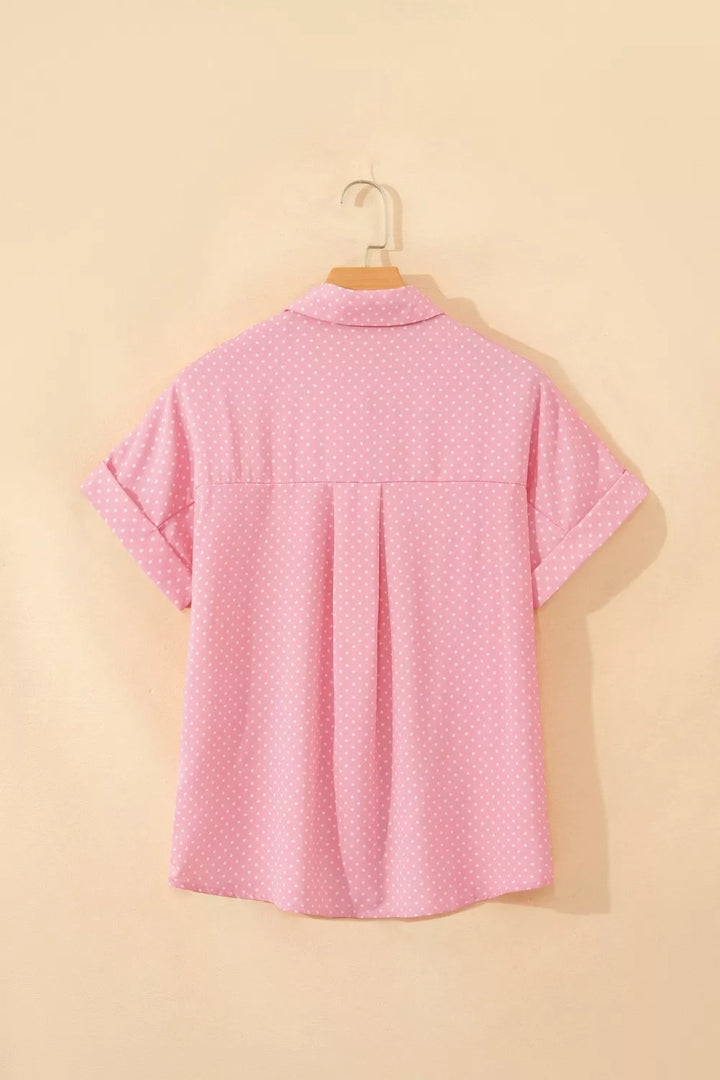 Polka dot short-sleeve button-down collared shirt