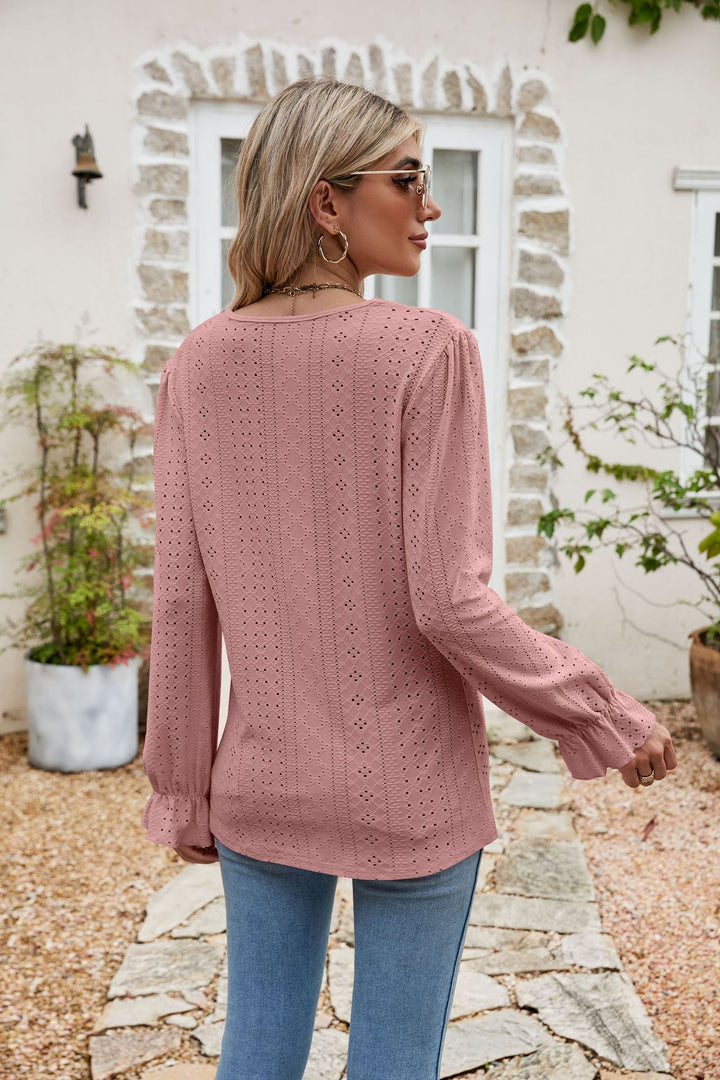 Eyelet lace-trim V-neck blouse with flounce sleeves