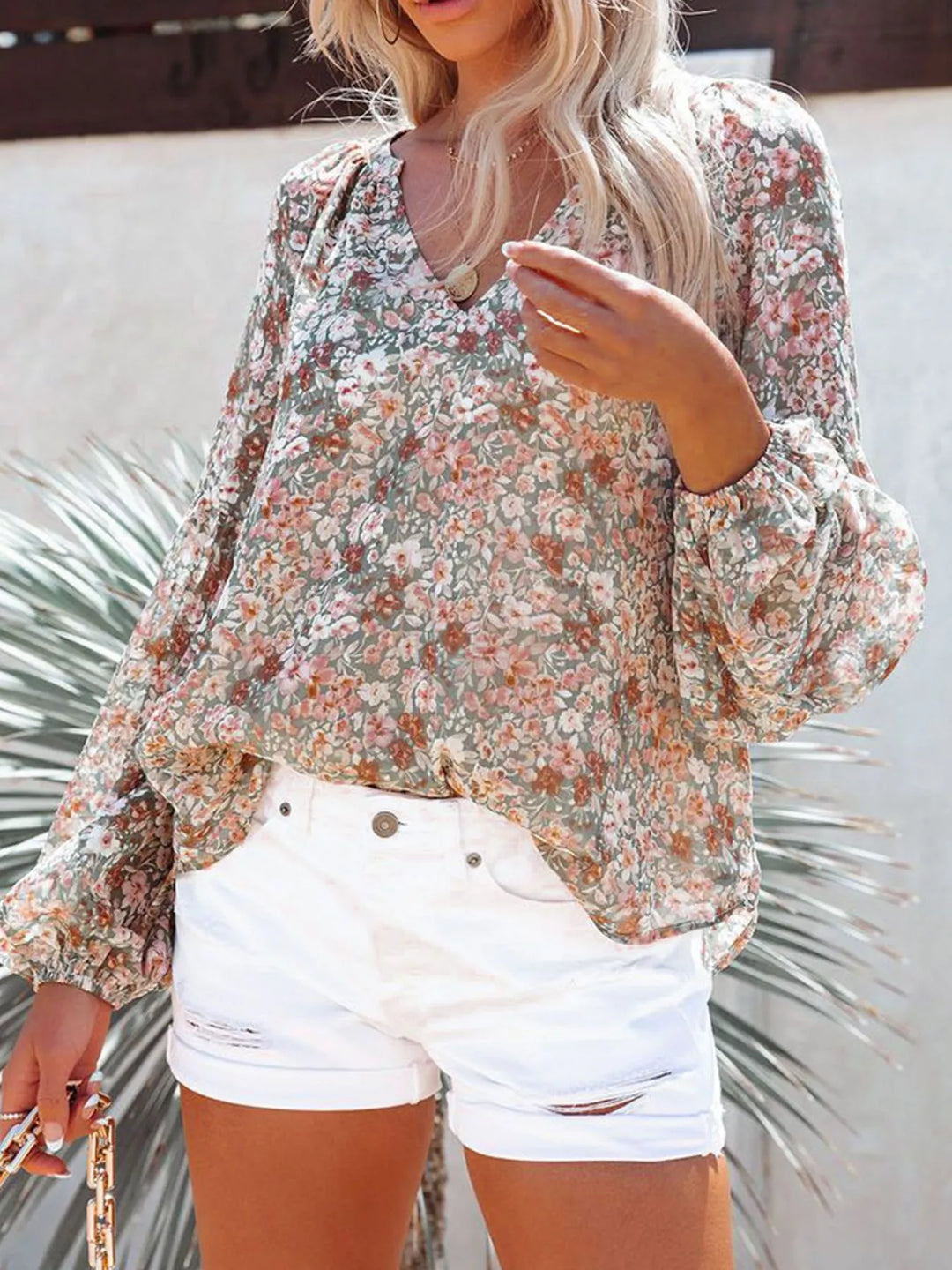 Floral print V-neck button-front blouse with long sleeves