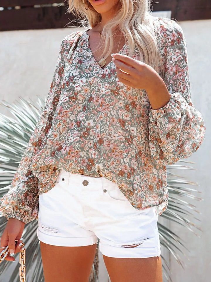 Floral print V-neck button-front blouse with long sleeves