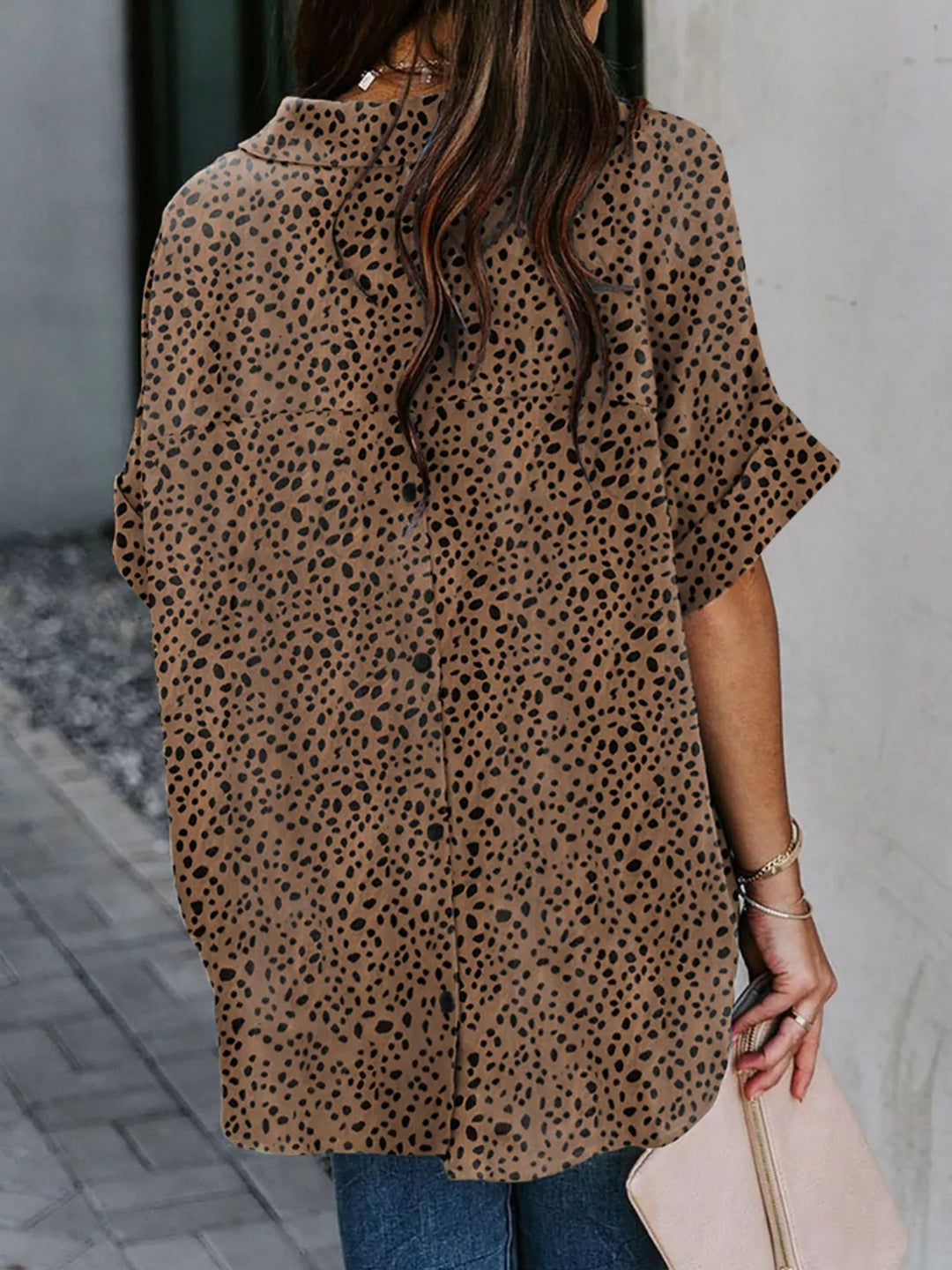 Collared half-sleeve button-front printed shirt