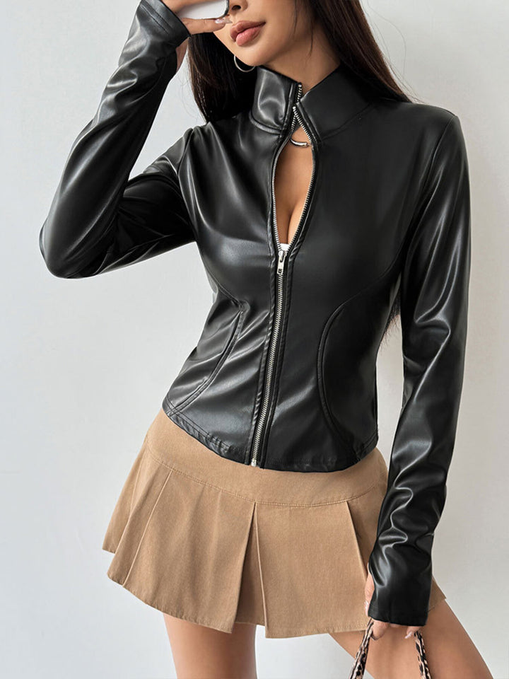 Fitted faux-leather jacket with stand collar and zip front