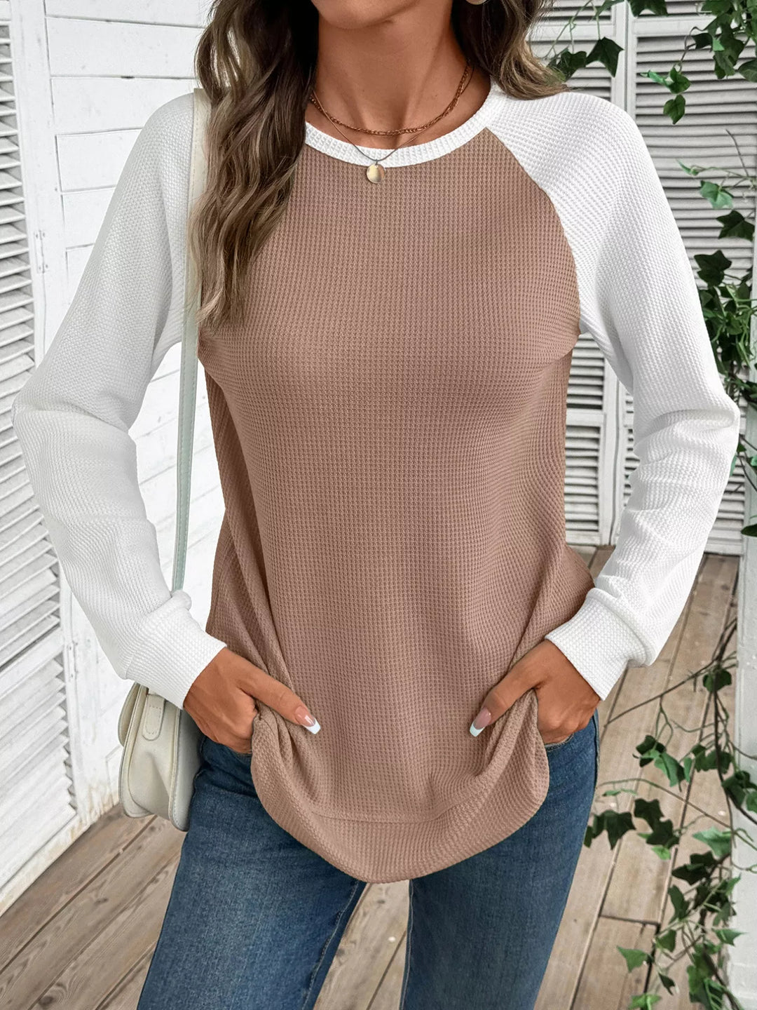 Contrast raglan waffle knit long sleeve top