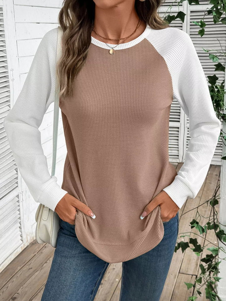 Contrast raglan waffle knit long sleeve top