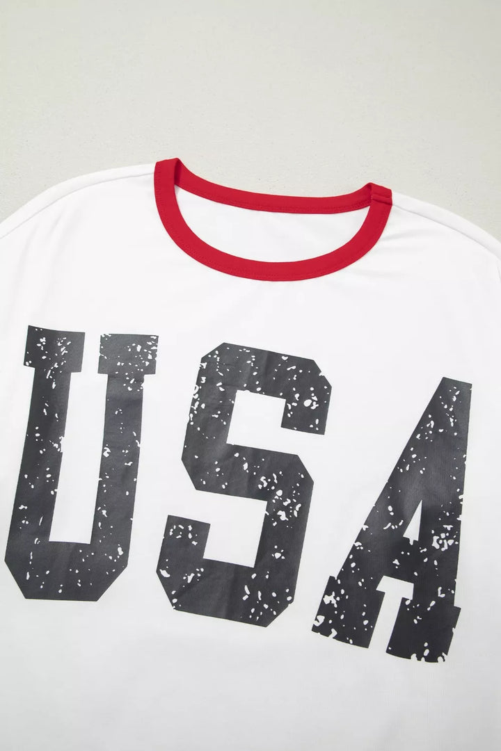 Distressed USA graphic varsity tee with striped sleeves