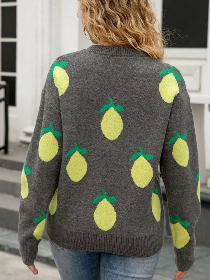 Lemon motif crew neck knit sweater with ribbed trim