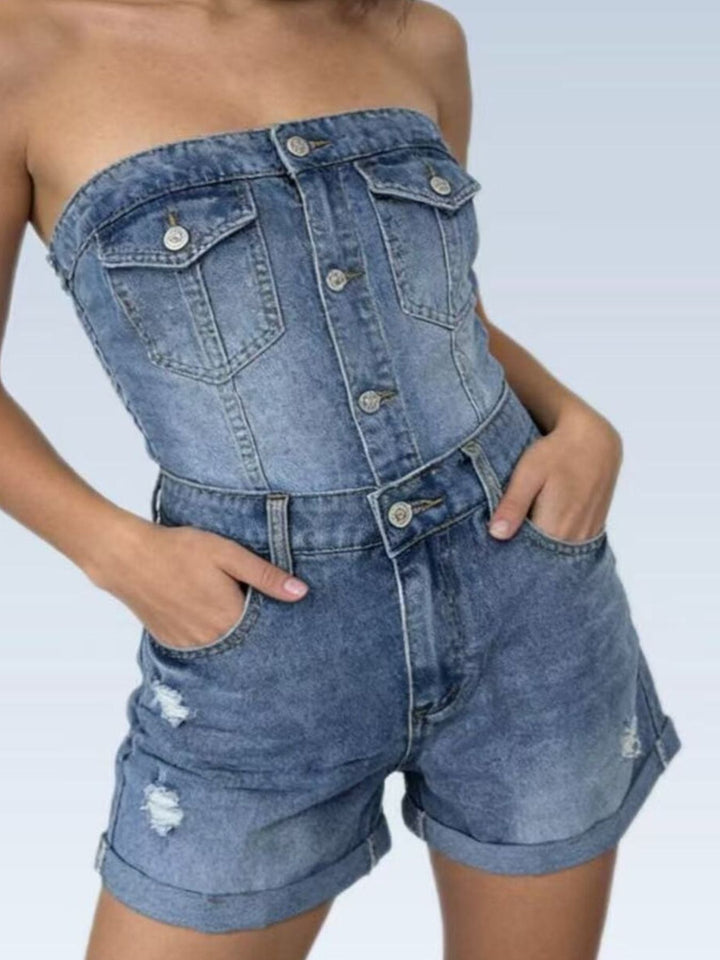 Light Blue High-rise distressed denim shorts with cuffed hem