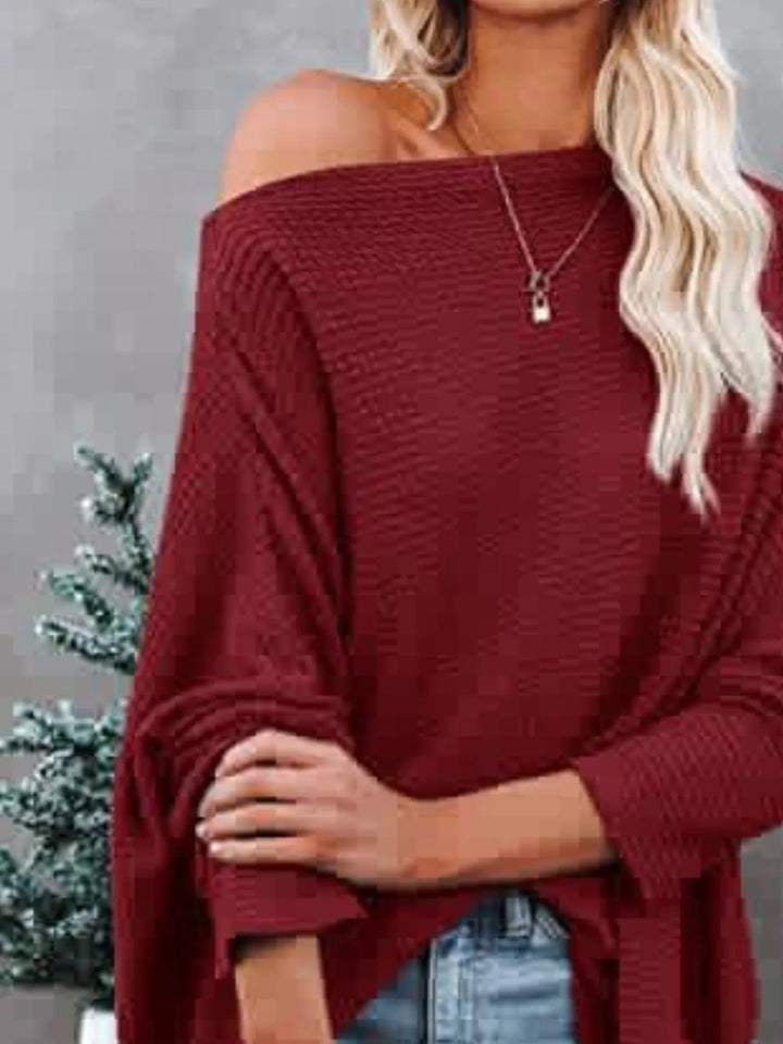Oversized waffle-knit boat neck long sleeve top