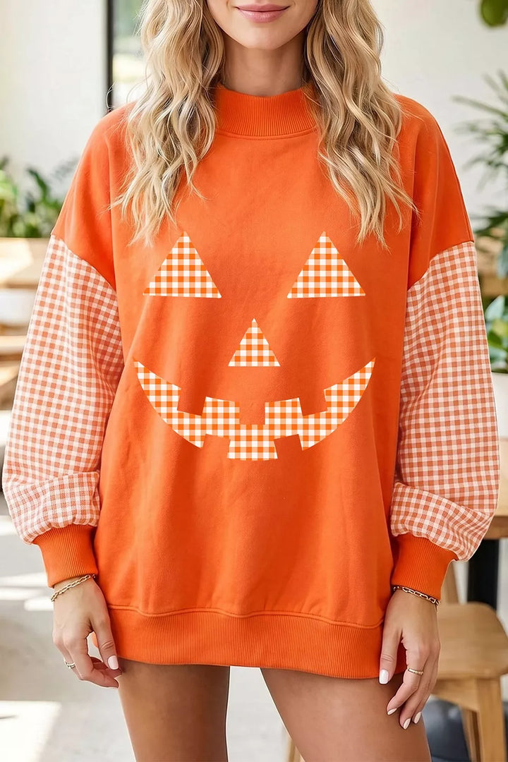 Gingham sleeve pumpkin face graphic sweatshirt