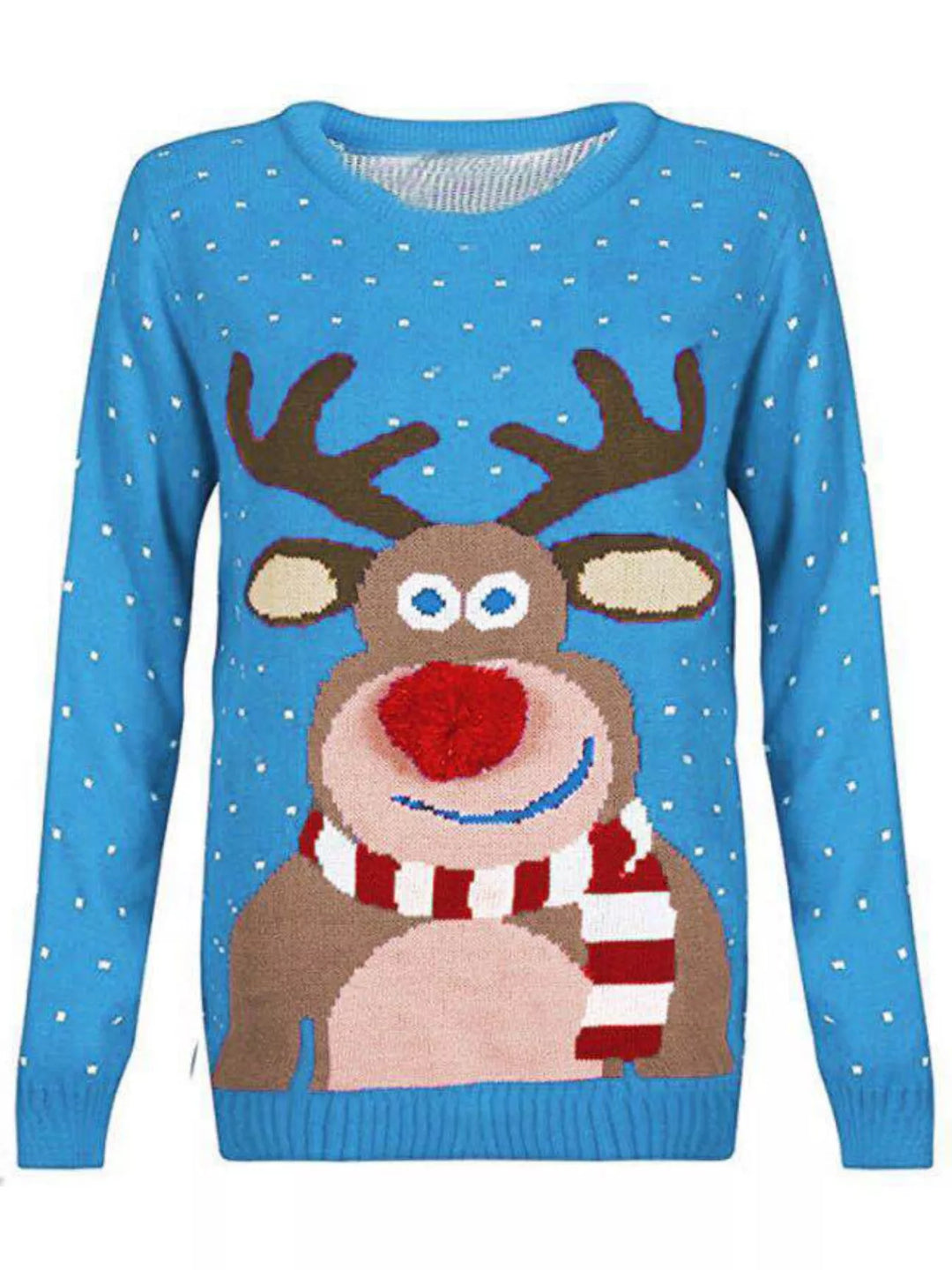 Blue Reindeer graphic knit Christmas sweater with pom-pom nose