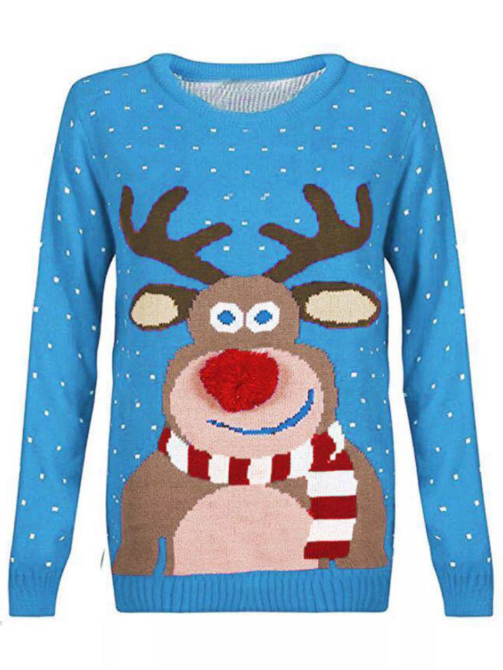 Blue Reindeer graphic knit Christmas sweater with pom-pom nose