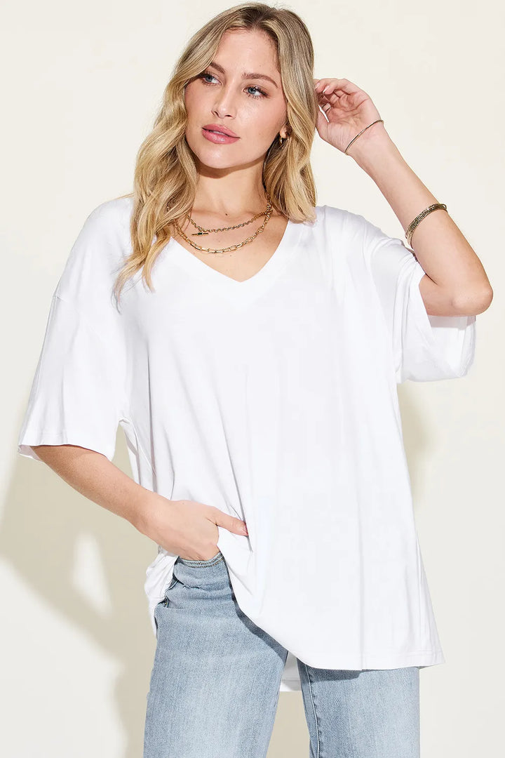 White Bamboo blend drop-shoulder v-neck oversized tee