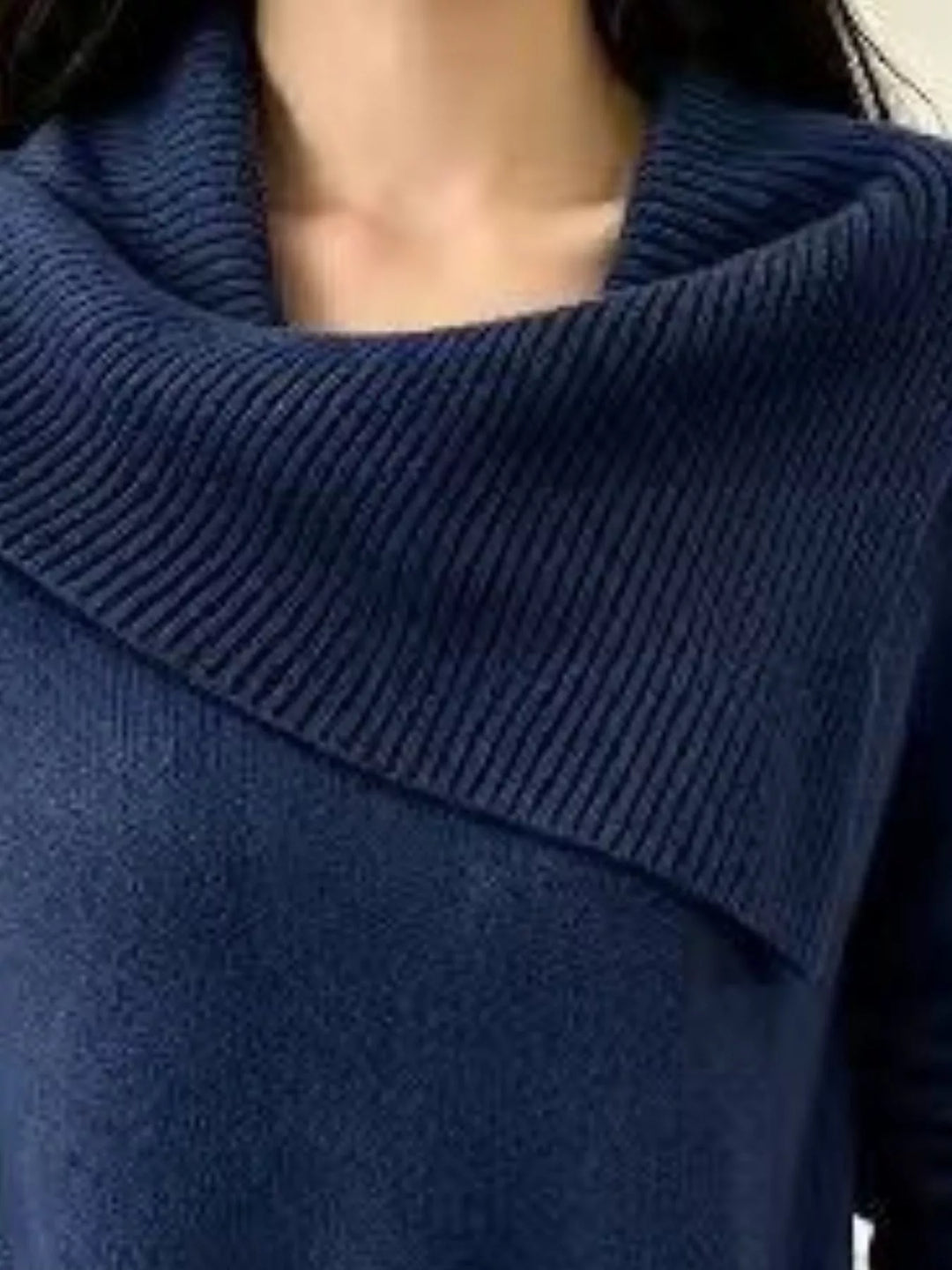 Asymmetric foldover ribbed collar knit pullover sweater
