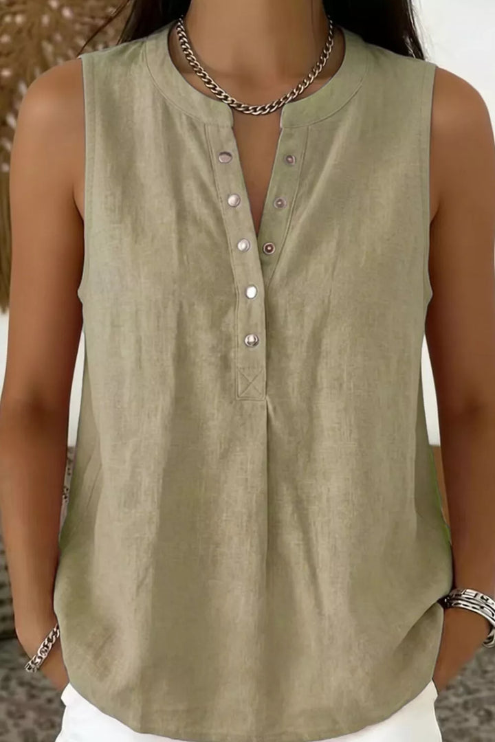 Taupe Snap-front sleeveless blouse with V-neckline
