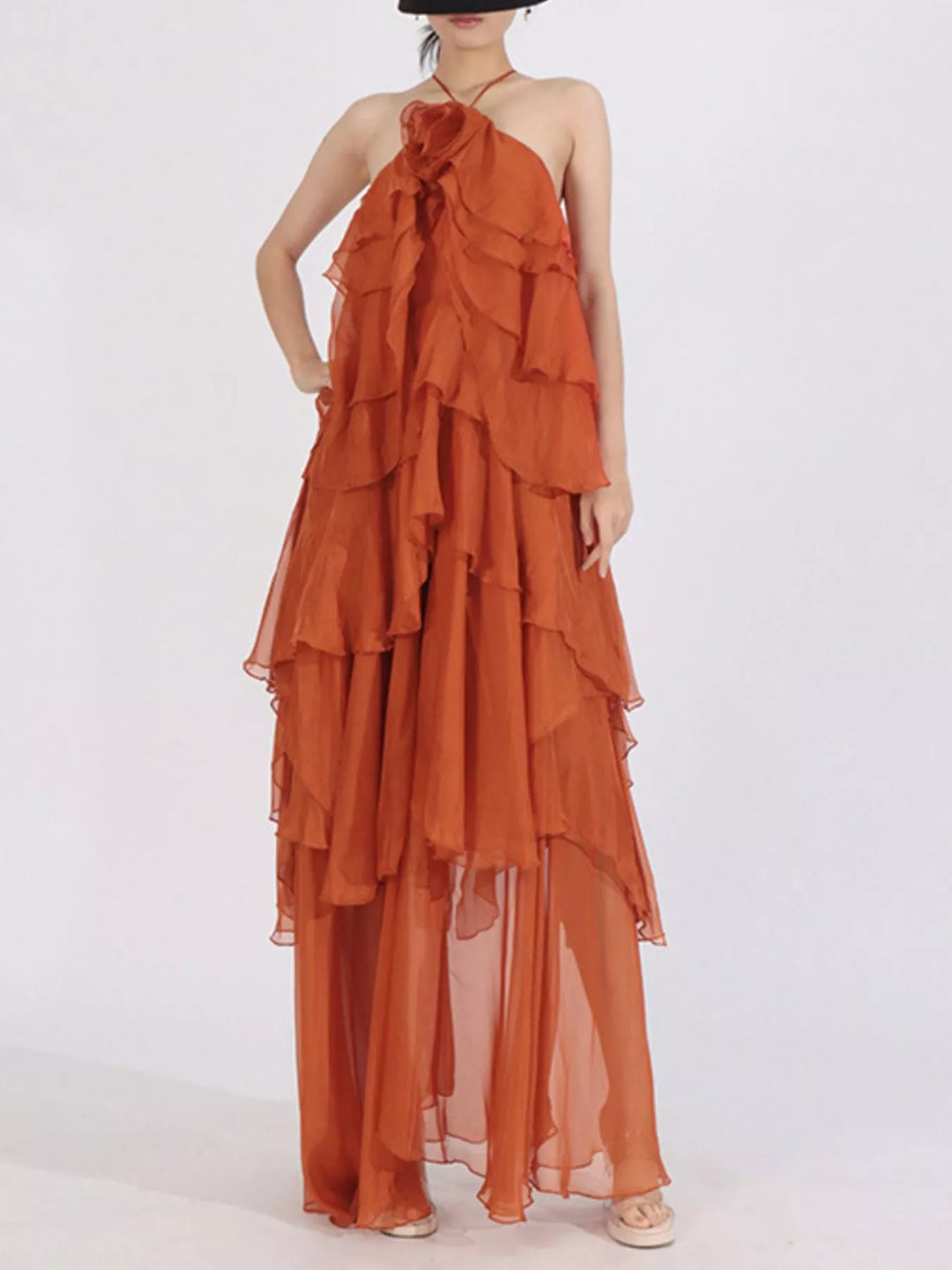 Tiered ruffle chiffon halter maxi dress with rosette