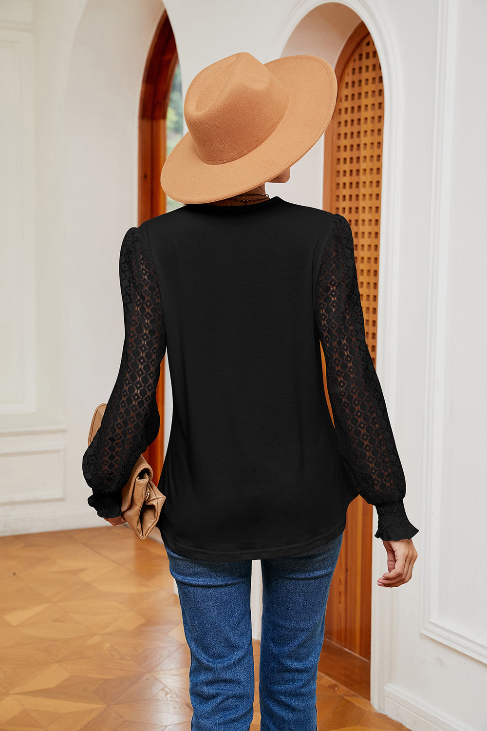 Contrast lace V-neck blouse with crochet long sleeves