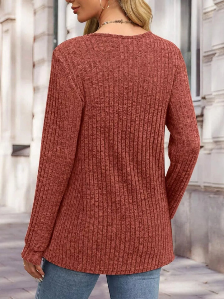 Ribbed knit button henley long sleeve top