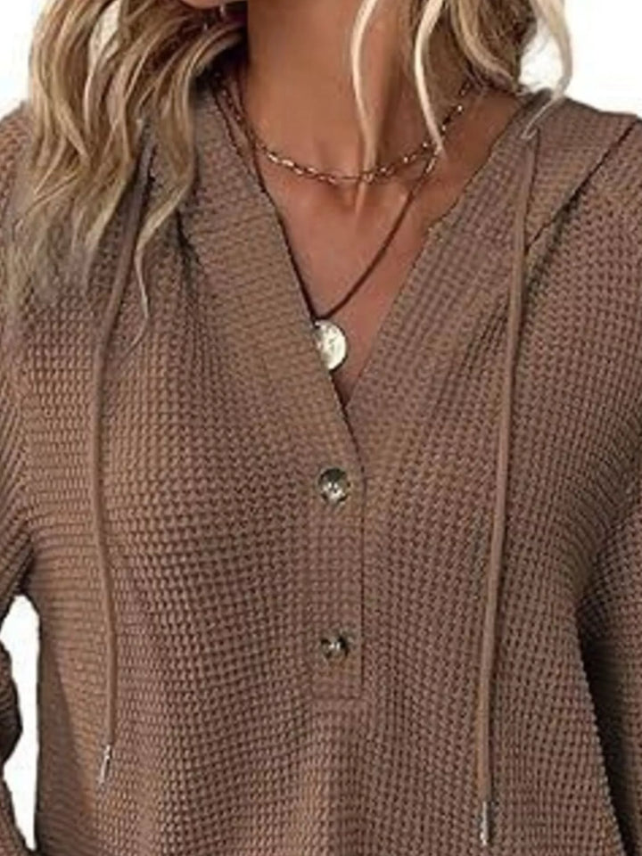 Button-detail waffle knit hoodie with drawstring hood