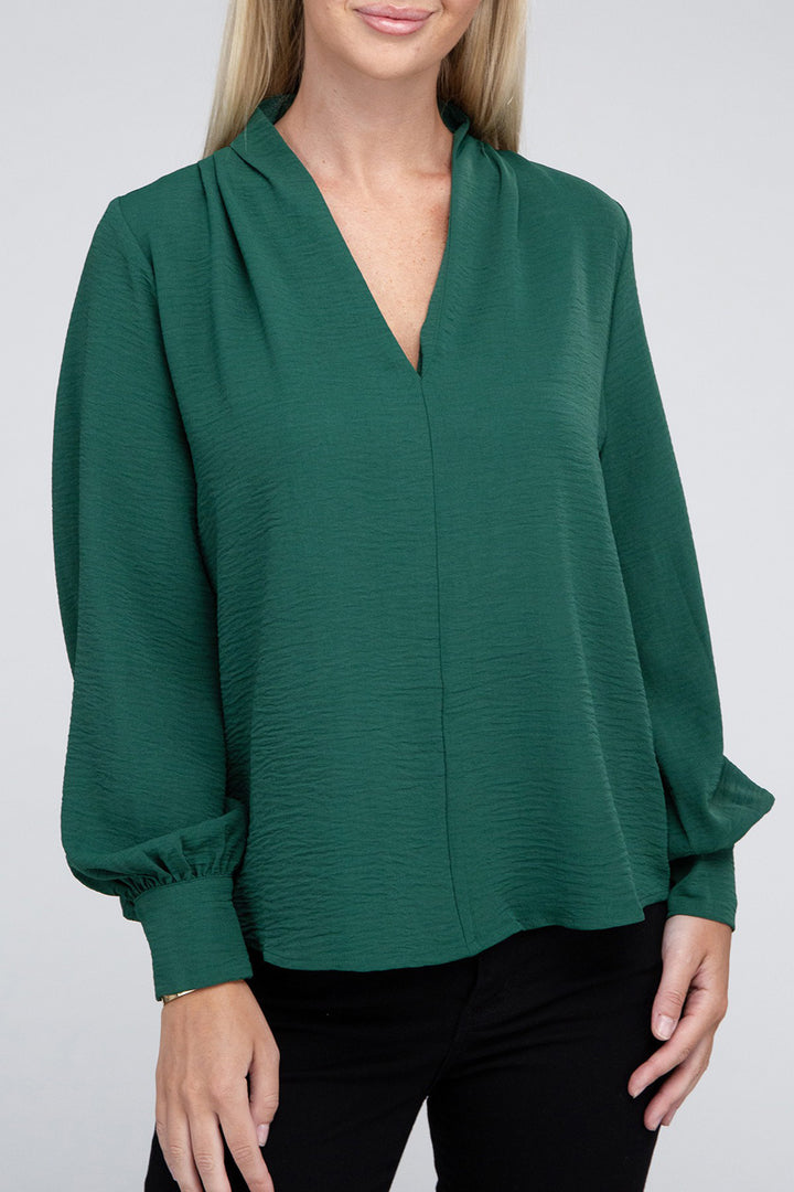 Woven Airflow V-Neck Long Sleeve Top - Azoroh