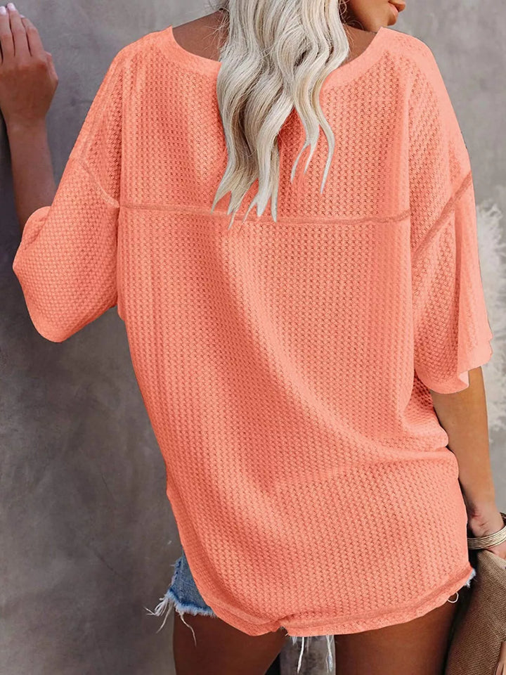 Waffle knit v-neck drop shoulder short sleeve tee
