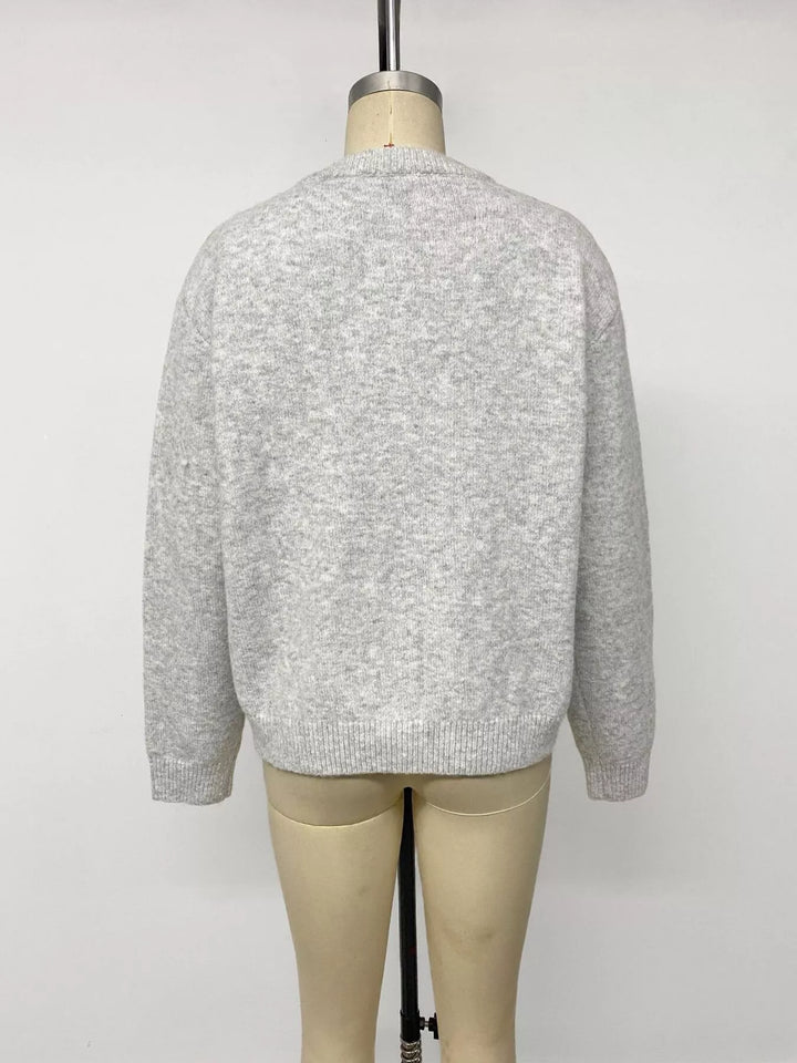 Brushed knit button-down cardigan with ribbed crew neck