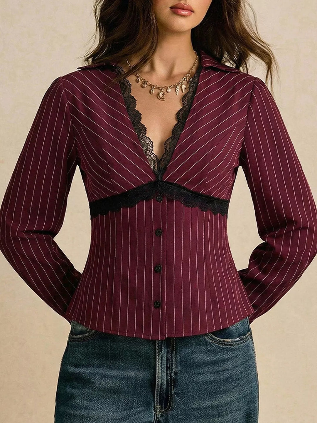 Pinstripe lace trim V-neck button-down blouse