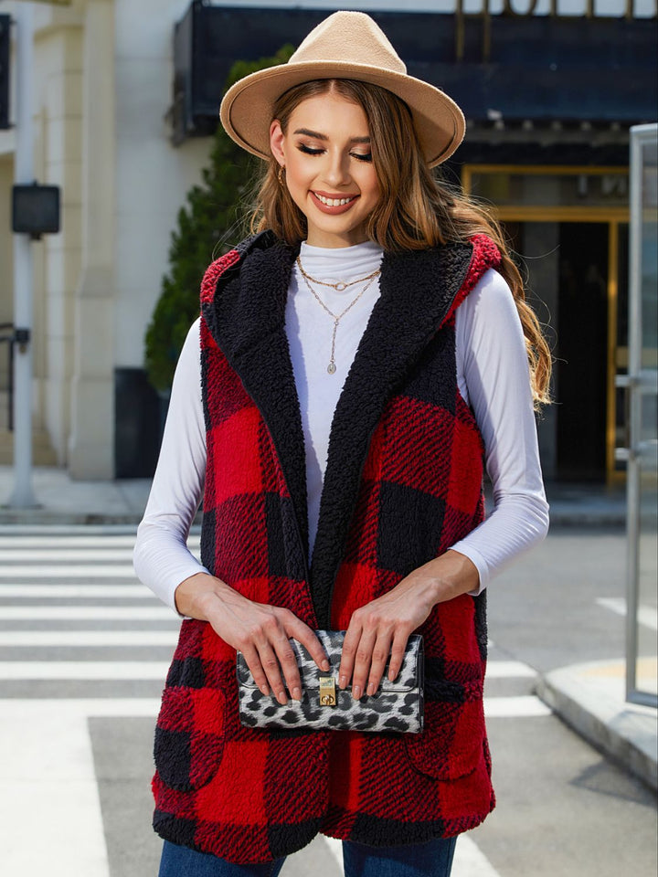 Deep Red Buffalo plaid sherpa hooded vest with patch pockets
