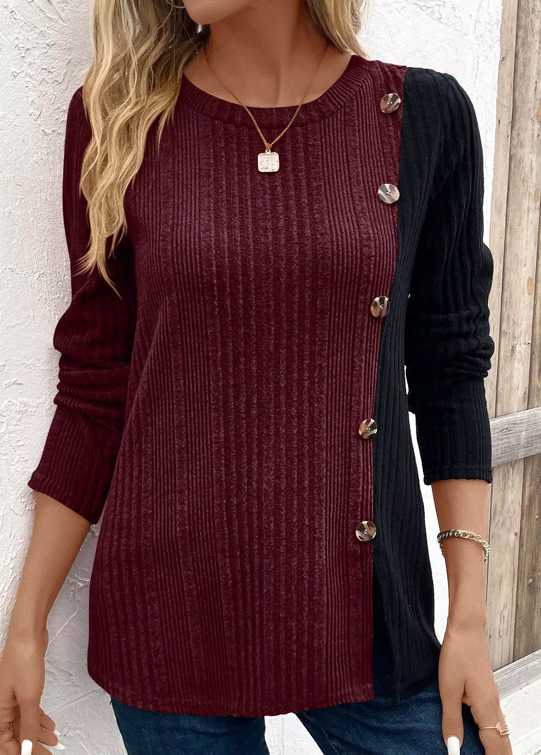 Color block ribbed knit top with button trim