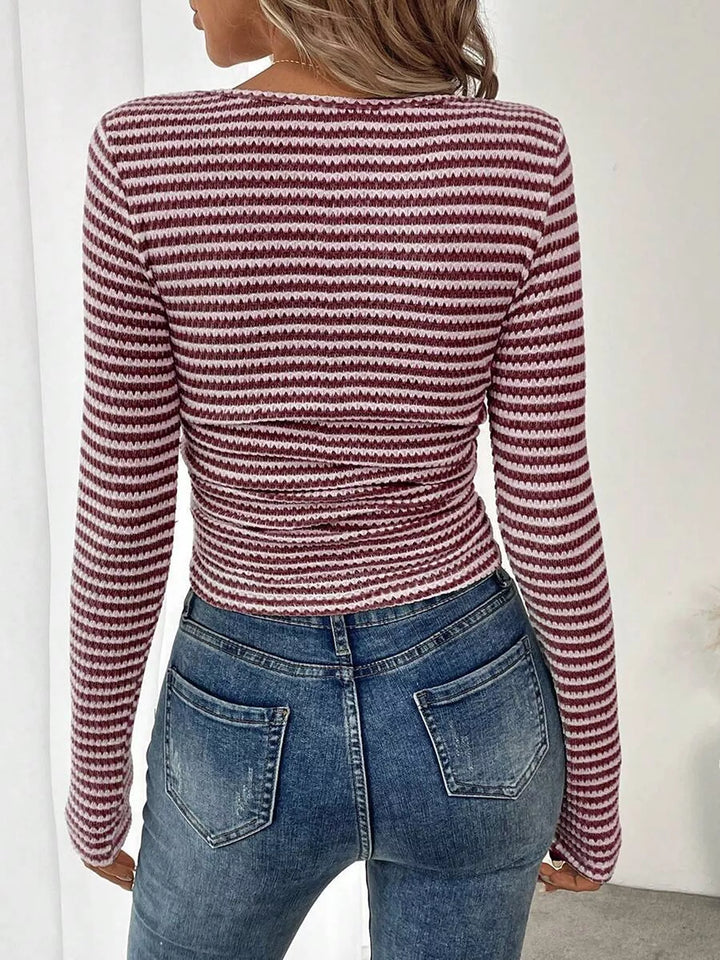 Striped square neck long sleeve knit top