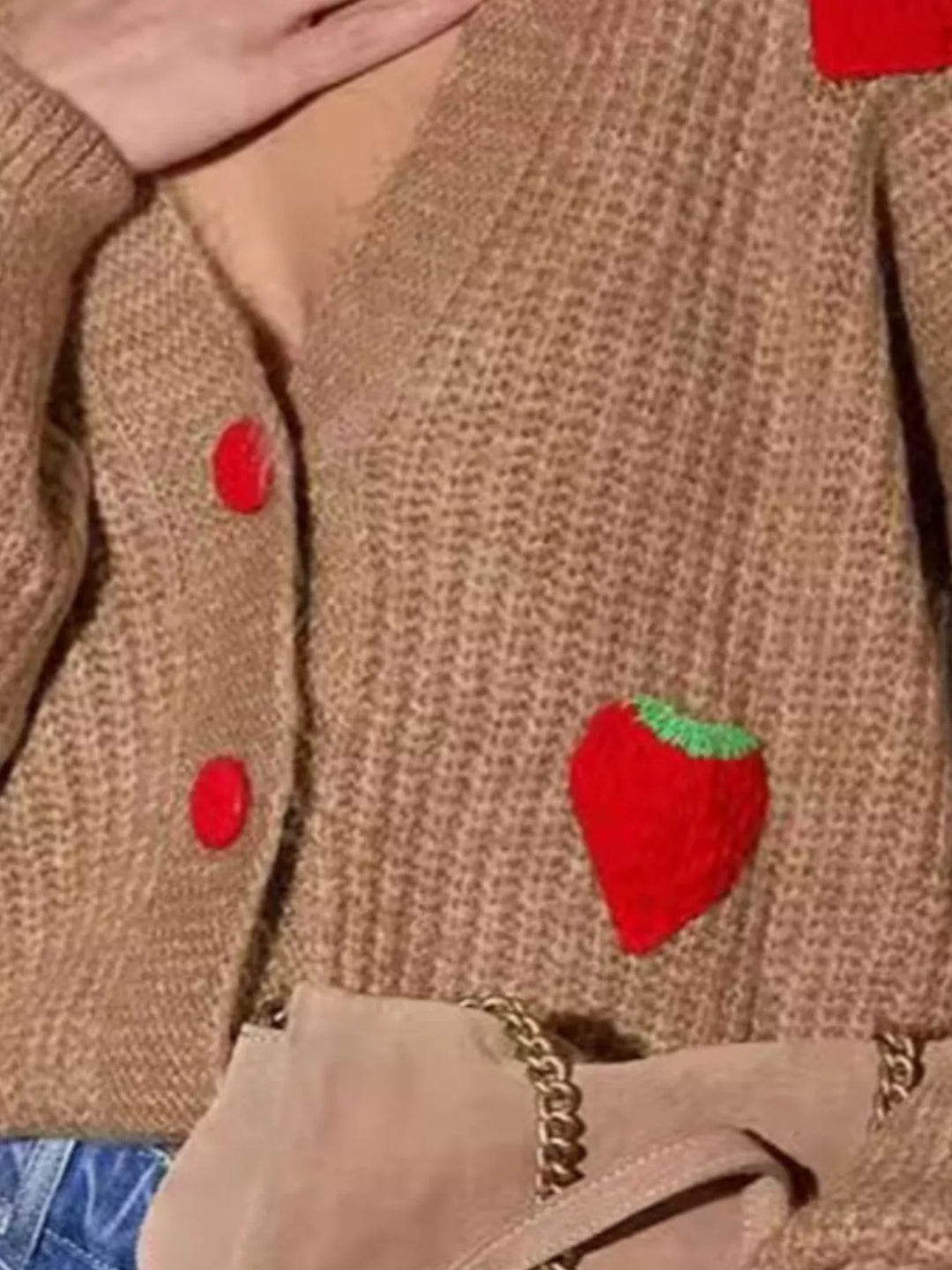Strawberry applique chunky knit button-down cardigan