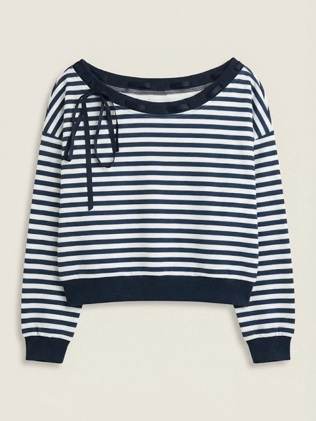 Striped off-shoulder sweatshirt with ribbon tie