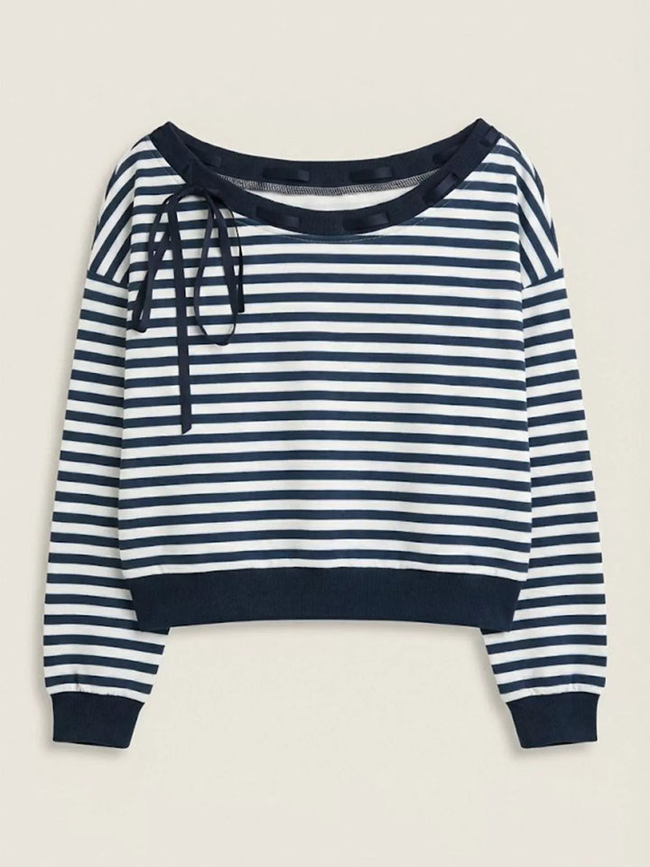 Striped off-shoulder sweatshirt with ribbon tie