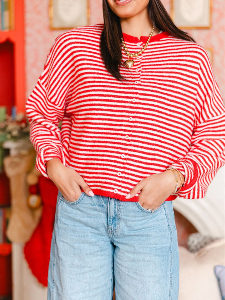 Striped button-down knit cardigan with relaxed sleeves
