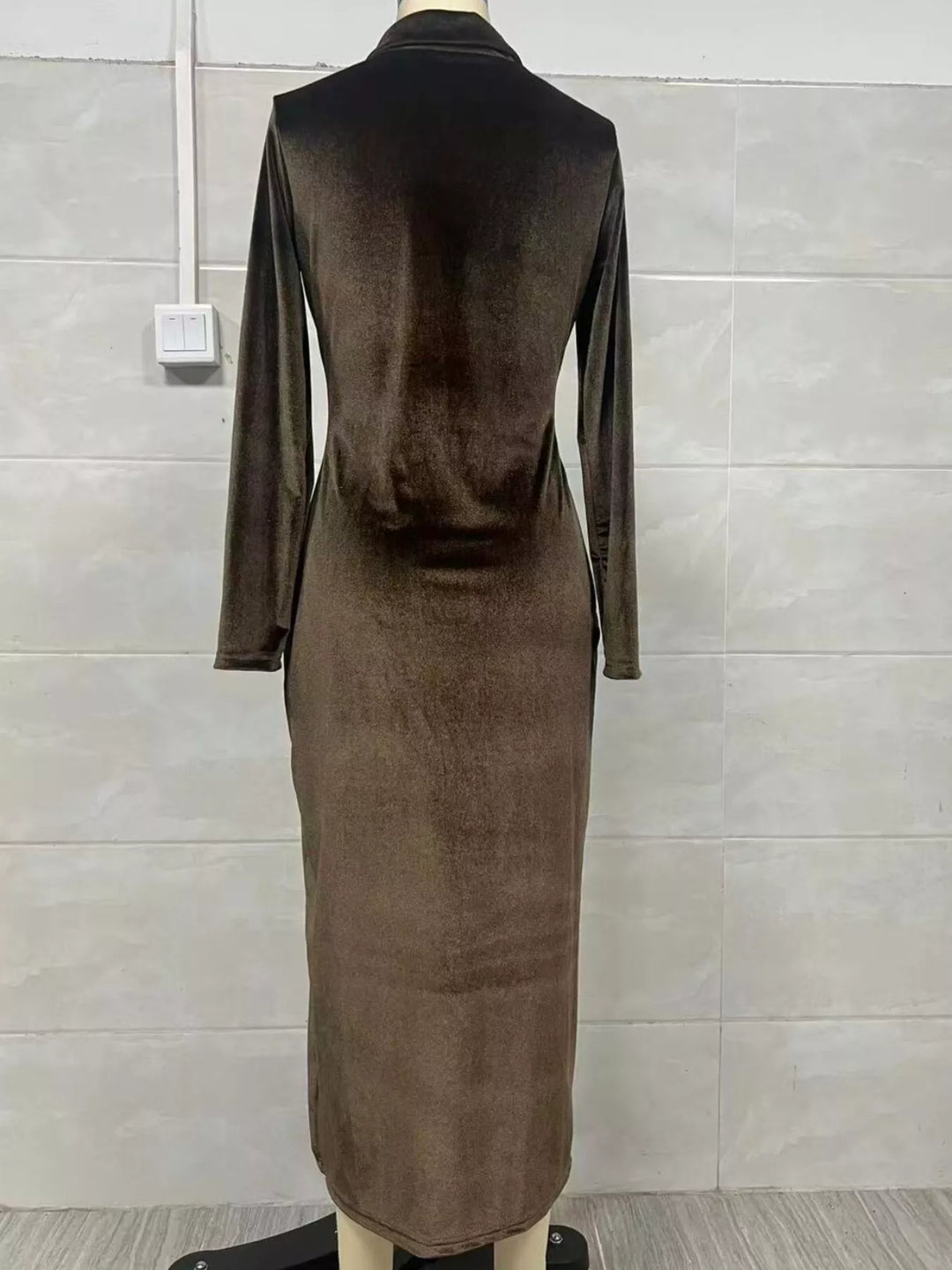 Velvet collared zip-front maxi dress with front slit