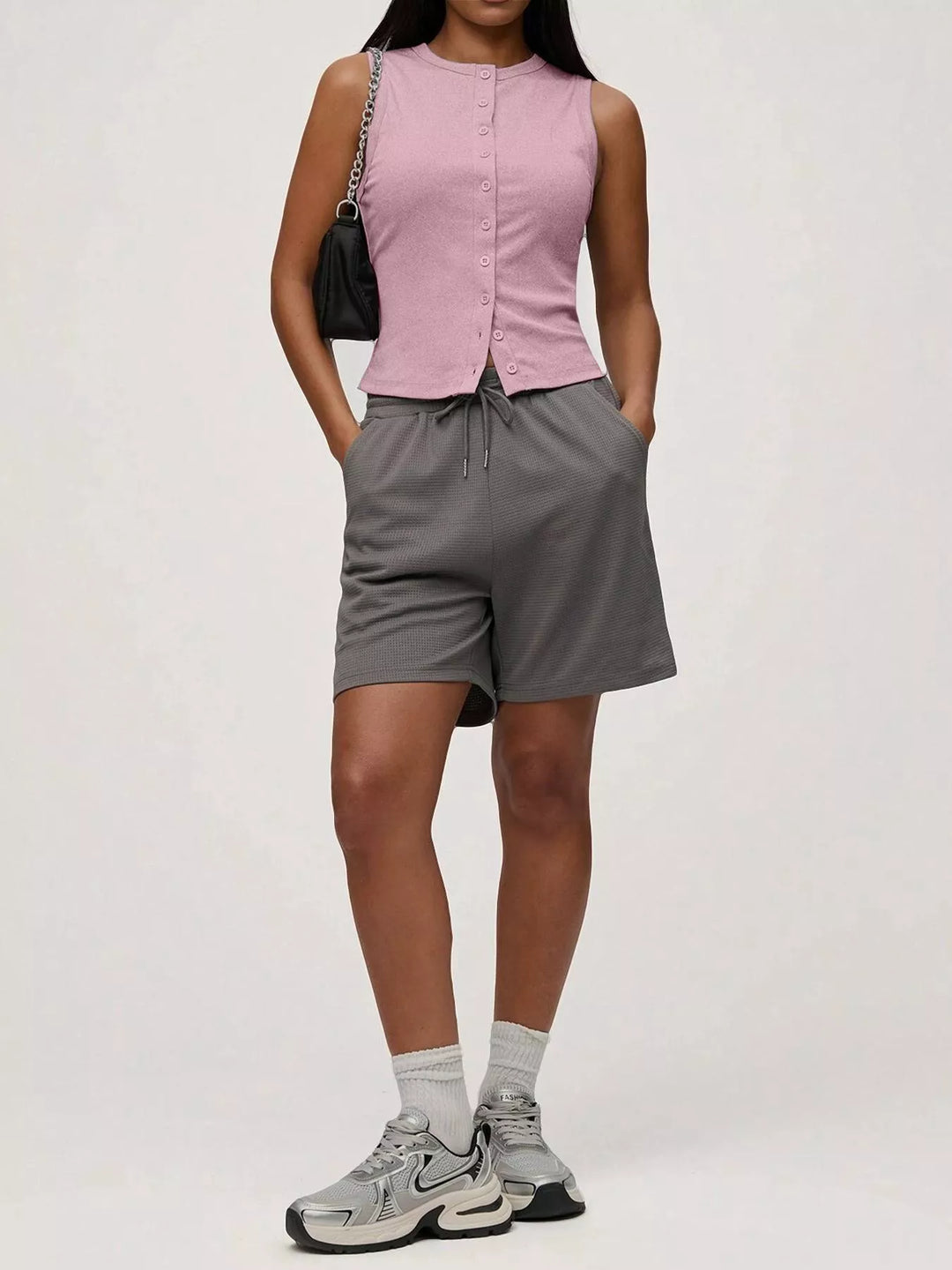 Ribbed mock-neck button-front sleeveless tank