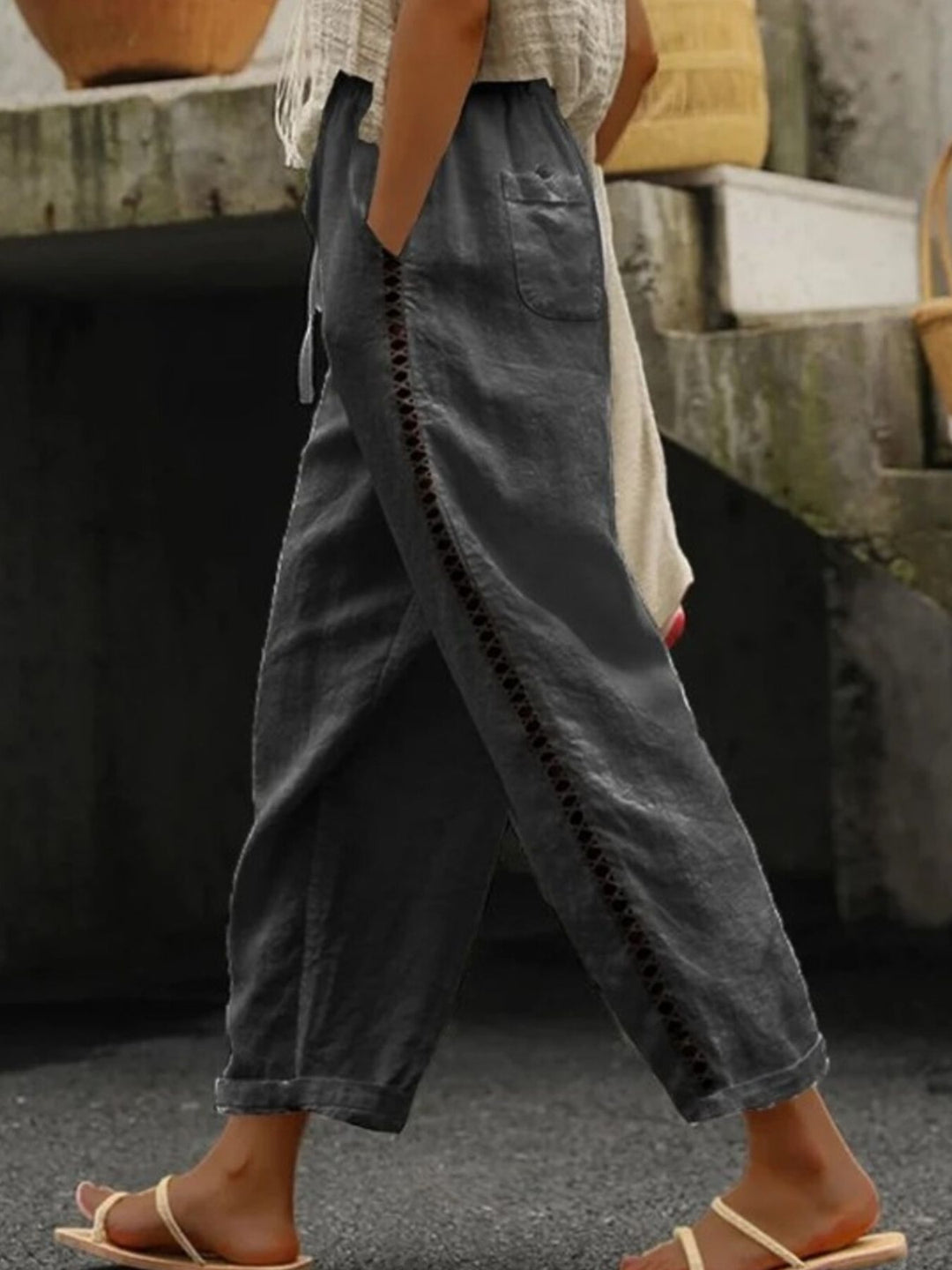 Dark Gray Hollow-out trim cropped pants with drawstring waist