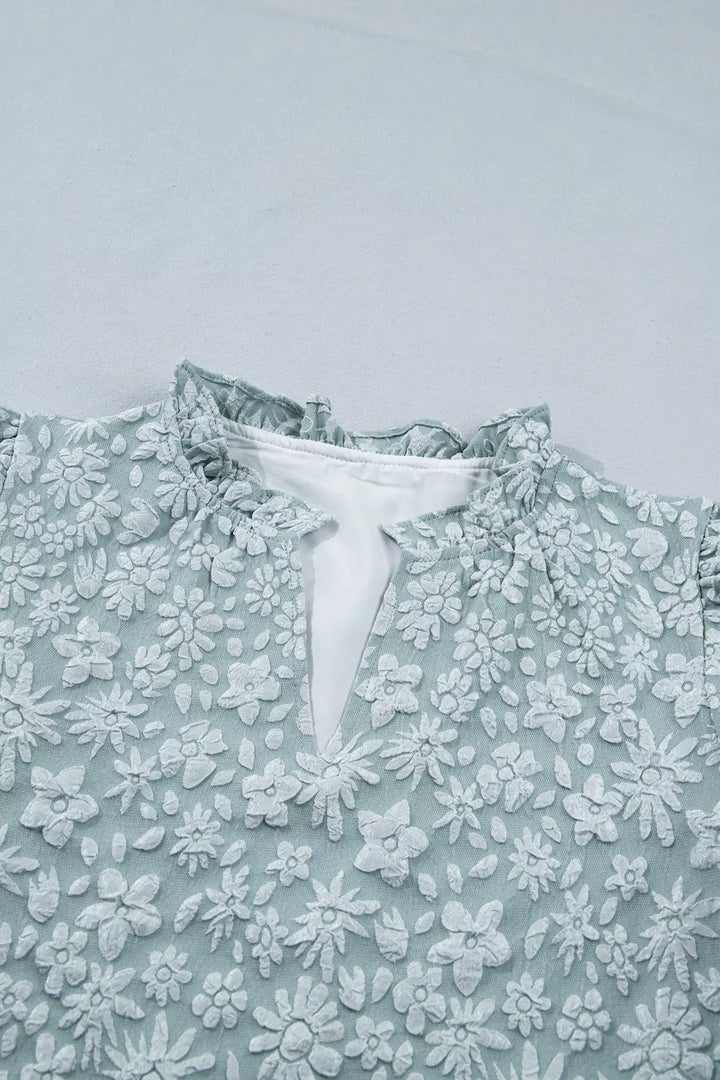 Floral jacquard puff sleeve blouse with split neck