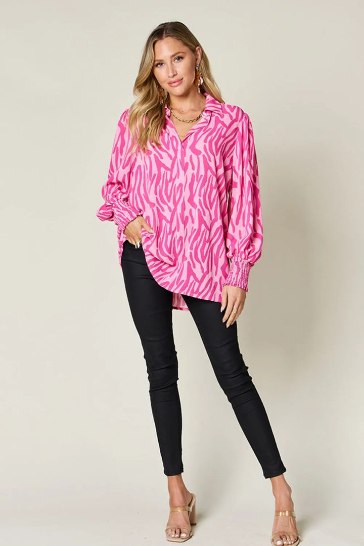 Zebra print smocked-cuff long sleeve blouse