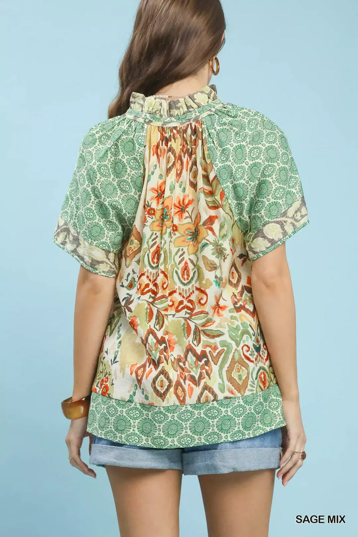 Mixed print v-neck patchwork blouse with short sleeves