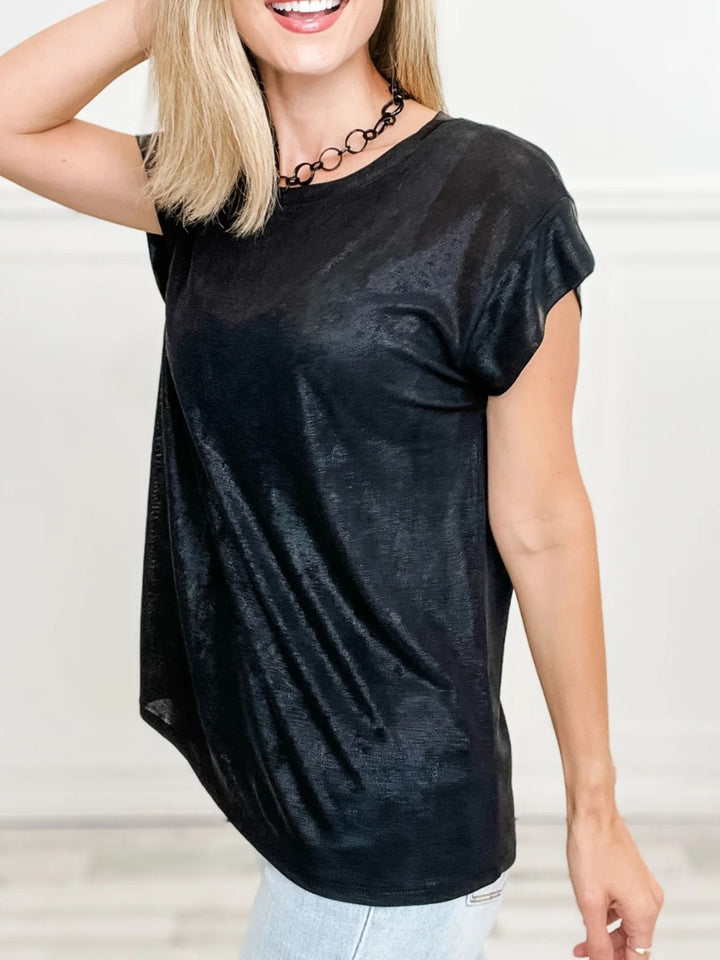 Metallic shimmer round-neck cap sleeve tee