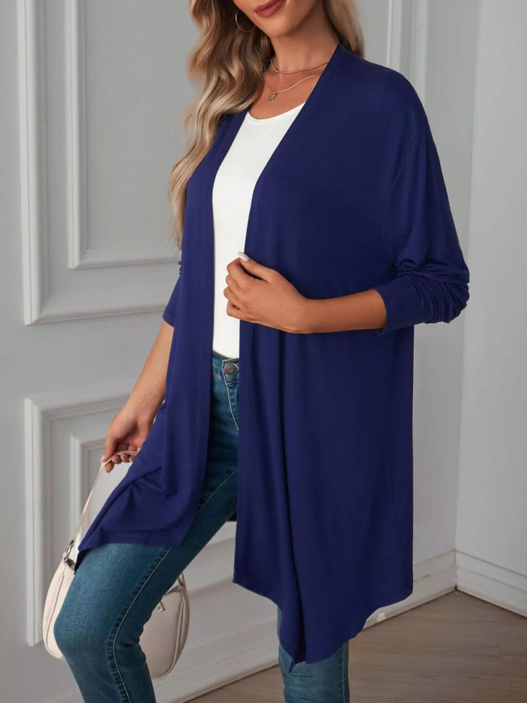 Lightweight open front cardigan with draped waterfall hem