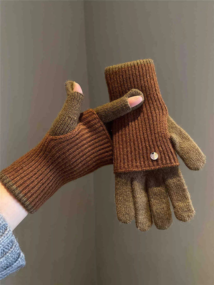 Brown Caramel Two-tone ribbed knit convertible flip-top gloves