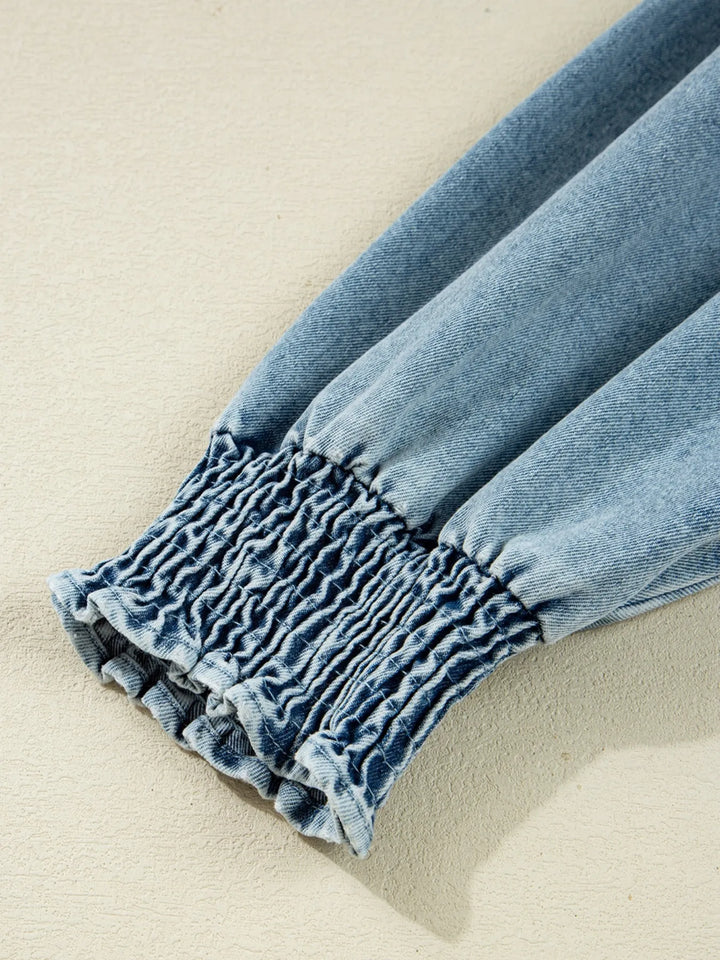 Tiered denim shirt dress with smocked cuffs and side pockets