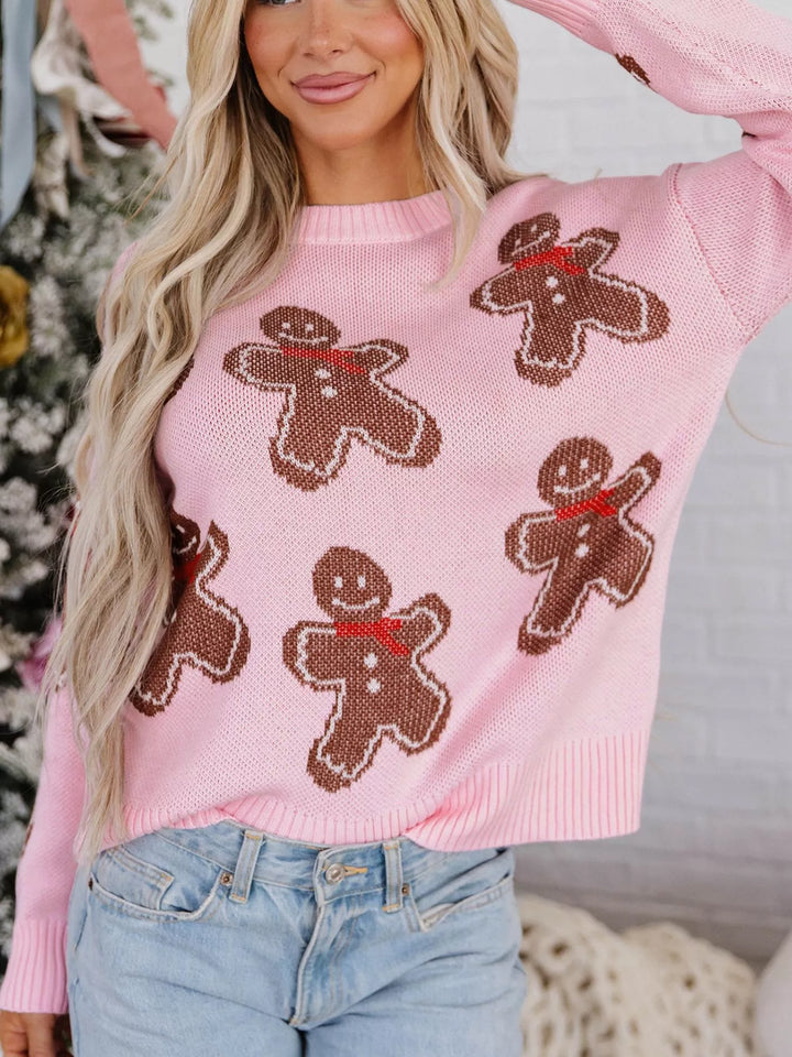 Gingerbread man knit pullover sweater with drop shoulders