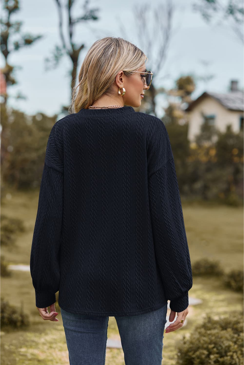 Textured knit V-neck top with dropped shoulders