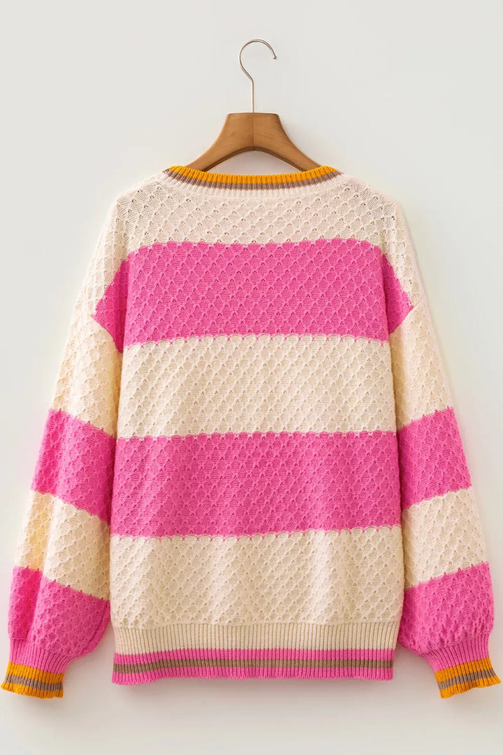 Textured knit colorblock stripe drop shoulder sweater
