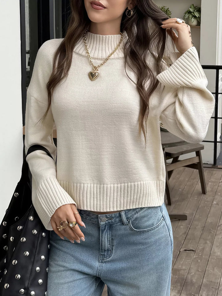 Mock neck dropped shoulder knit pullover sweater