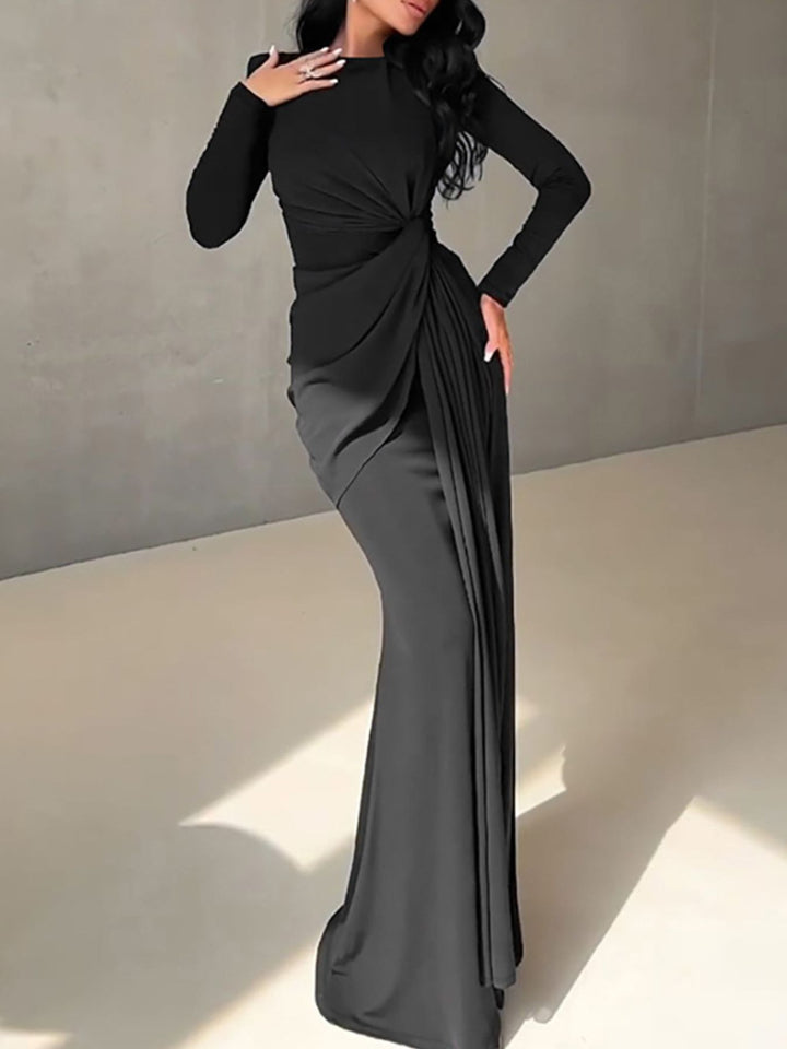 Black Ruched Knot Front Long Sleeve Maxi Dress