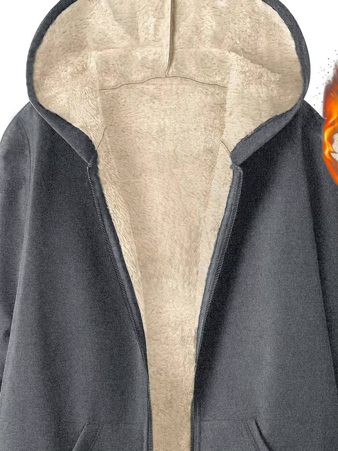 Sherpa-lined hooded zip longline jacket with pockets