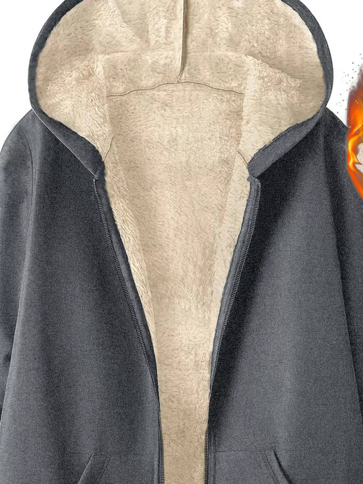 Sherpa-lined hooded zip longline jacket with pockets
